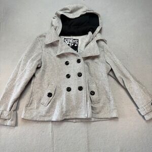 Sebby Collection Double-Breasted Hooded Twill Coat  Women's XL Gray Lightweight